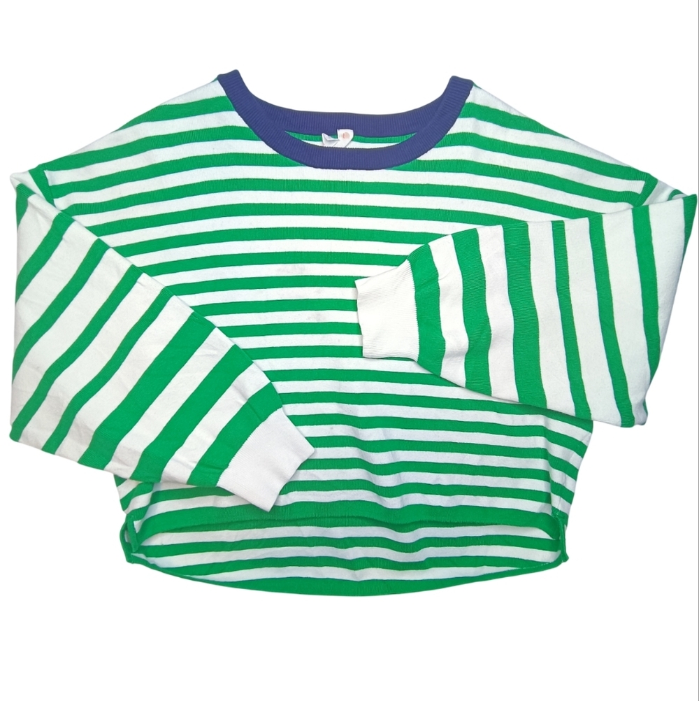 Daily Practice Preppy Boxy Cropped Striped Green and White Crew Neck Sweater 1X - Picture 3 of 13